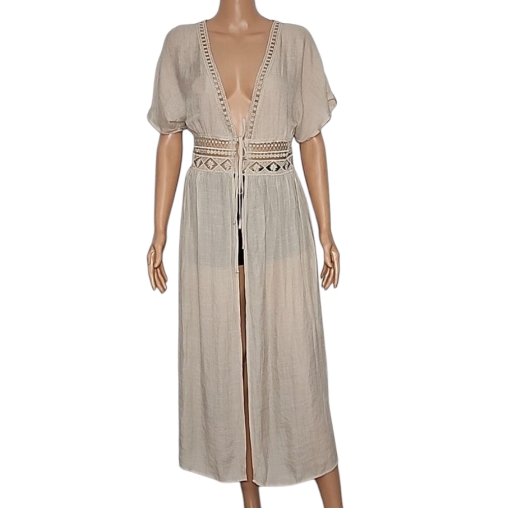 REBELLION Womens Open Front Cardigan Size Sโ Beige Short Sleeve Embordered NWT